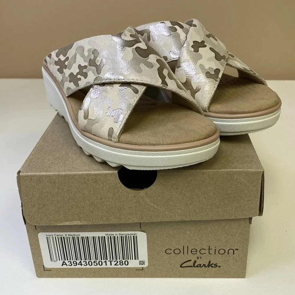Clarks Collection Jillian Wedge Slides Criss Cross Sandals Tan Gold Camo Size 6